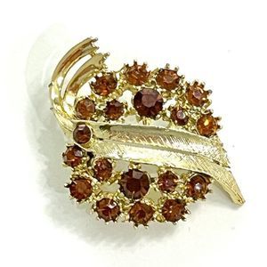 Vintage Estate Brown & AB Rhinestone Brooch Pin Leaf Gold Tone Art To Wear